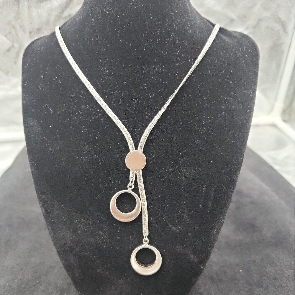 Necklace Silvertone Bolo Slide Flexible Snake Chain W/ Adj Circle Pendants VTG
